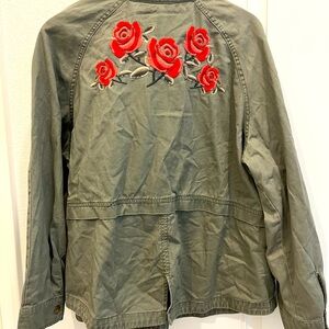 Style & Co. Green and Embroidered Roses Snap Jacket